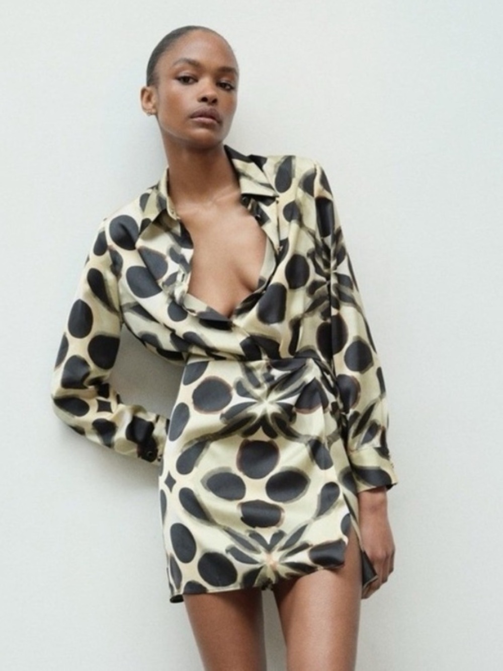 Zara Black & Cream Abstract Dot Wrap Dress